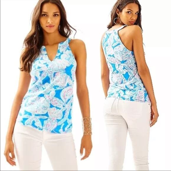 Lilly Pulitzer Into the Deep Arya Tank Top Notch V Neck 100% Slub Cotton XS - Picture 1 of 10